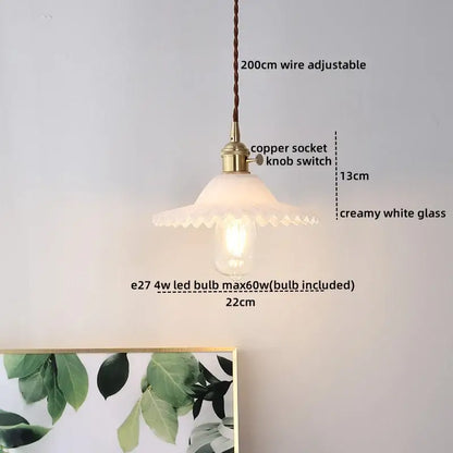 Creamy white glass decorbites led hanging lamp with brass copper socket and 200cm adjustable braided wire for bedroom