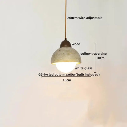 Decorbites led hanging yellow travertine pendant lamp with wooden cap and white glass bulb for home decoration