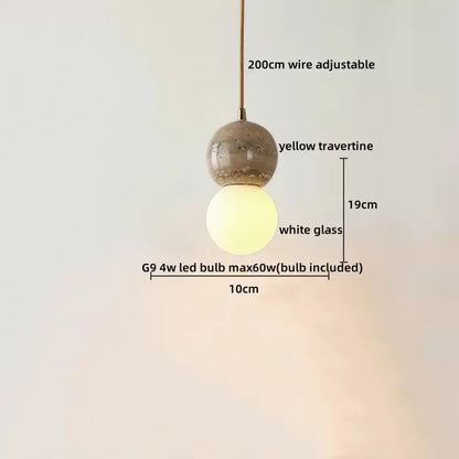 DecorBites LED hanging lamp with a textured yellow travertine sphere and white glass globe for home decoration