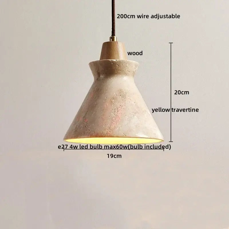 Decorbites led hanging yellow travertine pendant lamp with wooden top and adjustable wire suspension for home decor