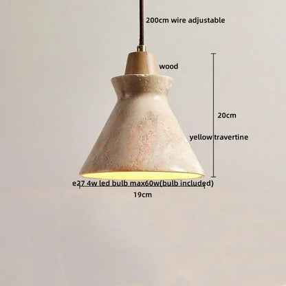 Decorbites led hanging yellow travertine pendant lamp with wooden top and adjustable wire suspension for home decor