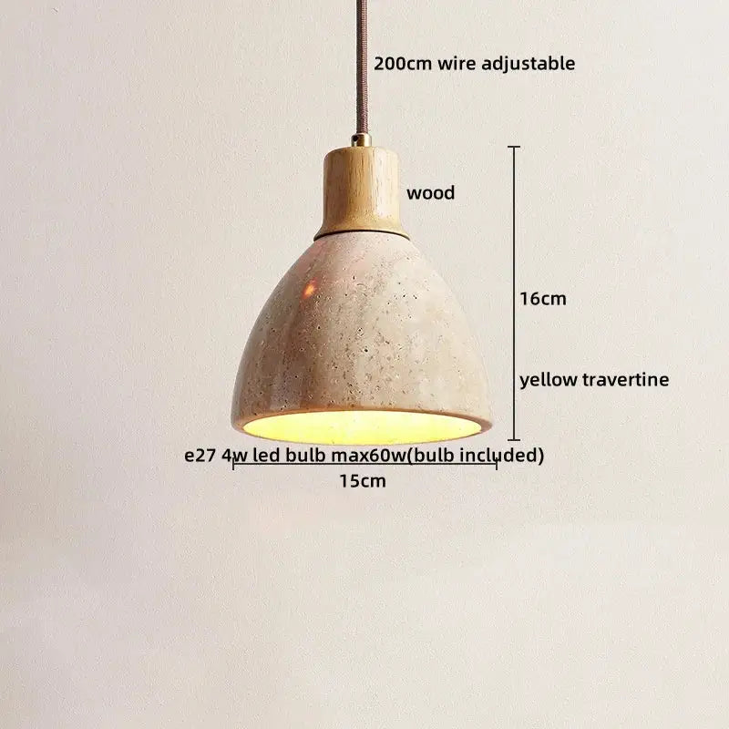 Decorbites led hanging lamp with warm yellow travertine shade natural wood top and adjustable 200cm wire for home decor