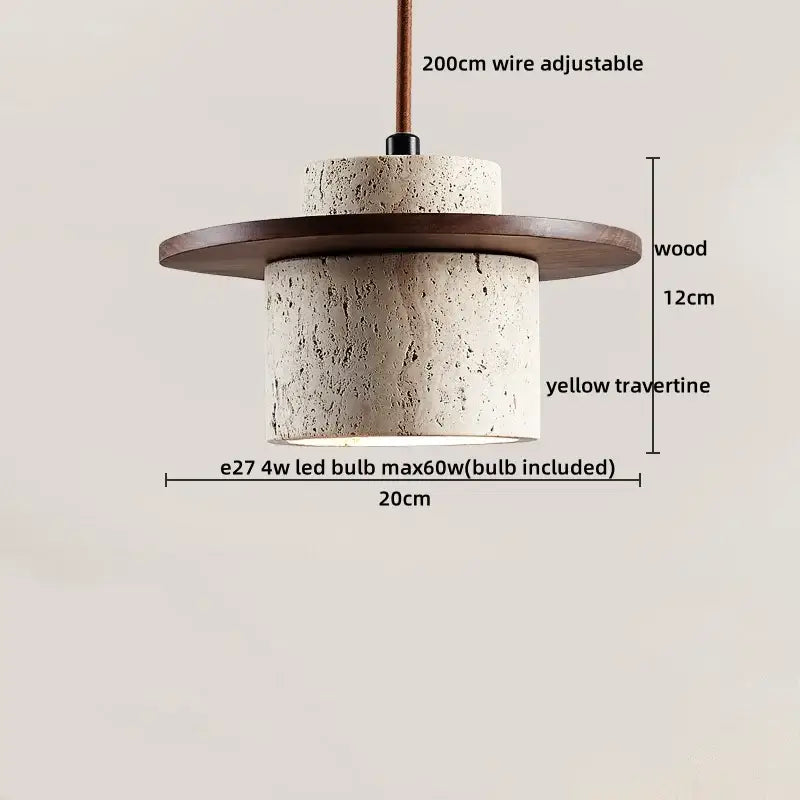 DecorBites led hanging lamp featuring a textured yellow travertine pendant with stacked ribbed design and wooden top