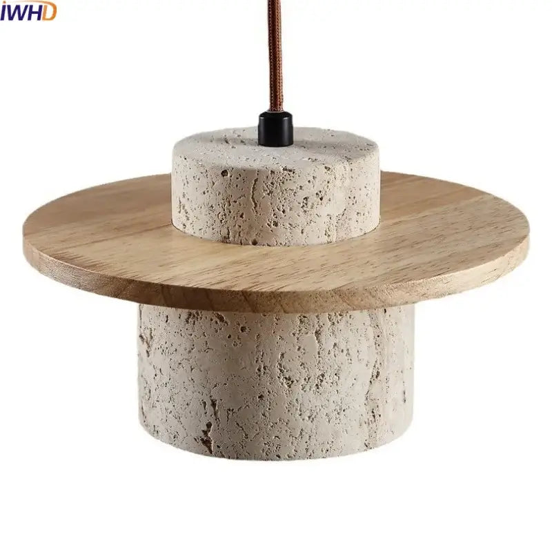 Decorbites led hanging lamp with rustic concrete off-white base, wooden platform, and copper cord for home decor
