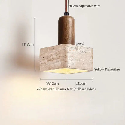DecorBites LED hanging lamps featuring a yellow travertine square base and dark wood top for bedroom lighting