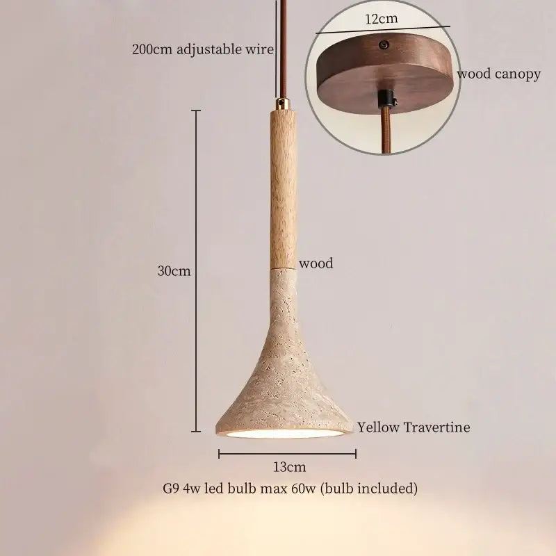 A modern decorbites led hanging lamp with yellow travertine textured shade and wooden stem for bedroom lighting