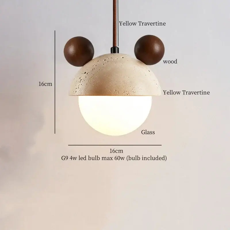 Decorbites led hanging lamps with yellow travertine dome, dark wood ears, and frosted glass globe for modern lighting