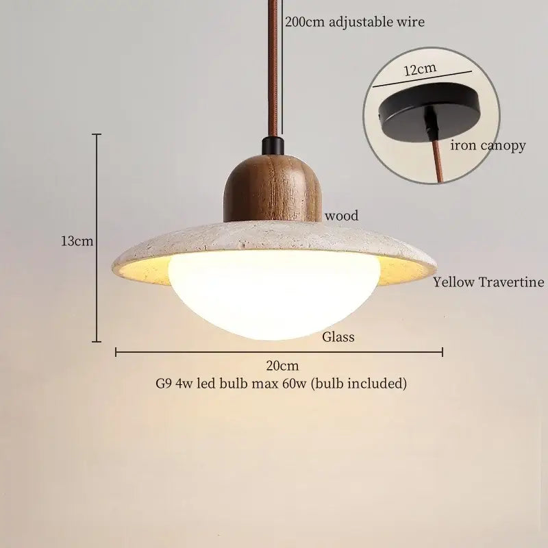 DecorBites led hanging lamps featuring a yellow travertine circular shade with wood top and iron canopy for living space lighting