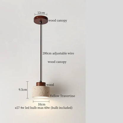 Minimalist decorbites led hanging lamps with warm wood canopy and textured yellow travertine shade for living spaces