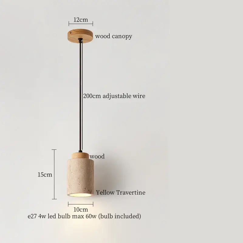 Minimalist decorbites led hanging lamps featuring a yellow travertine shade with natural wood and black wire details
