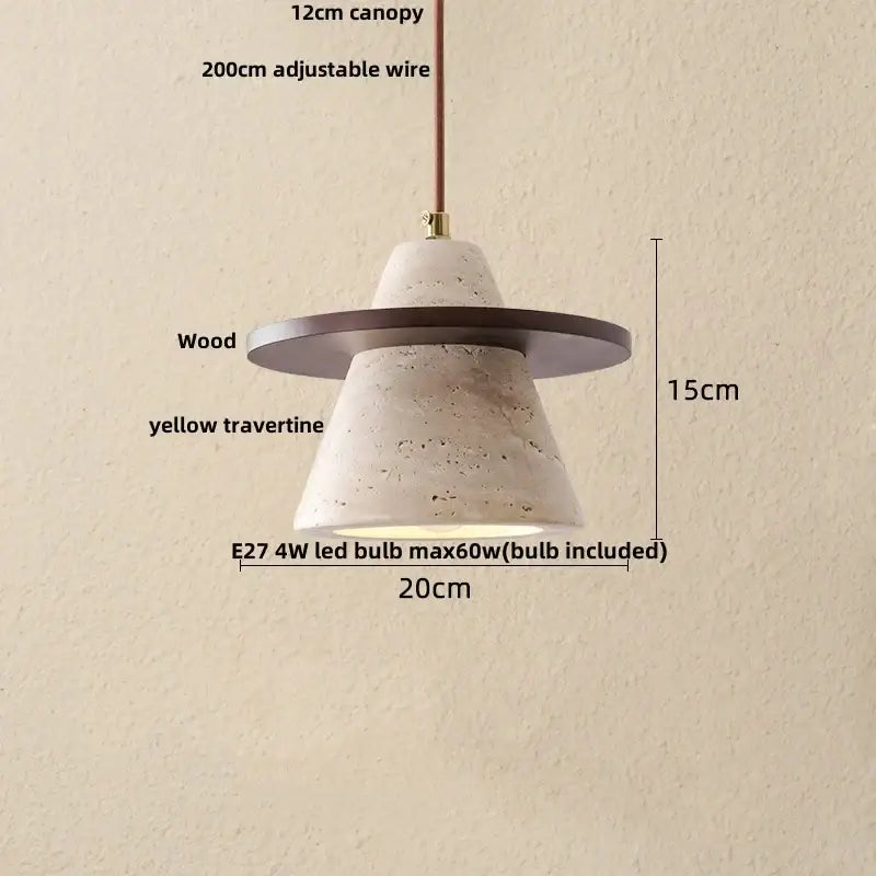Decorbites led hanging pendant light with yellow travertine textured cone and dark wood ring on adjustable wire
