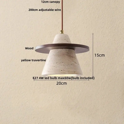 Decorbites led hanging pendant light with yellow travertine textured cone and dark wood ring on adjustable wire