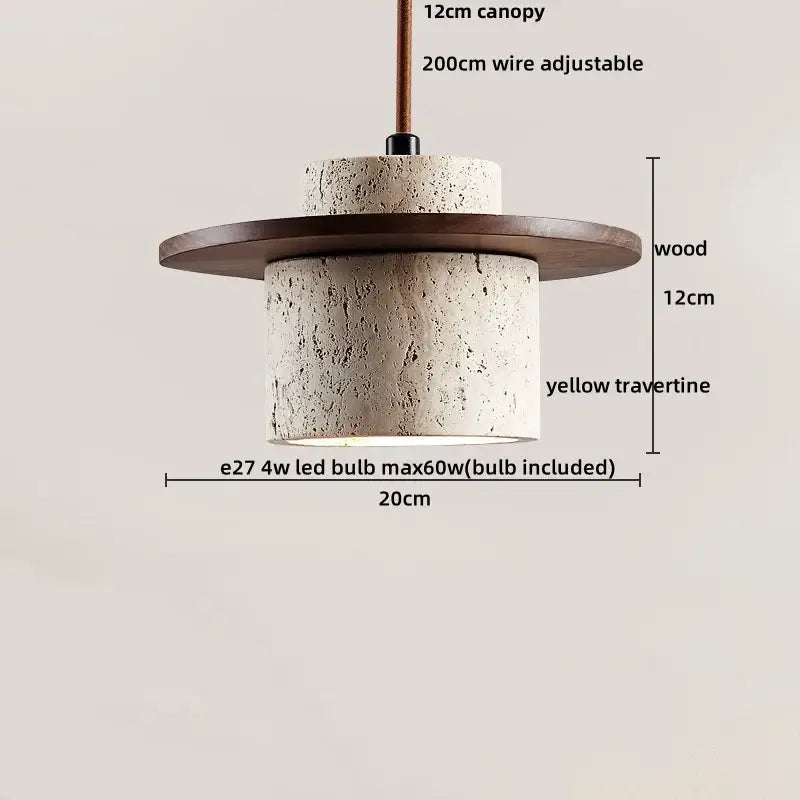 Rustic decorbites led hanging pendant light with yellow travertine cylindrical shade and dark wood canopy suspension