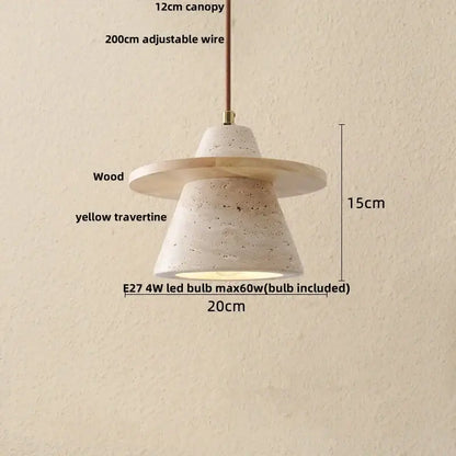 Decorbites led hanging pendant light with textured yellow travertine cone, wooden canopy, and adjustable wire suspension