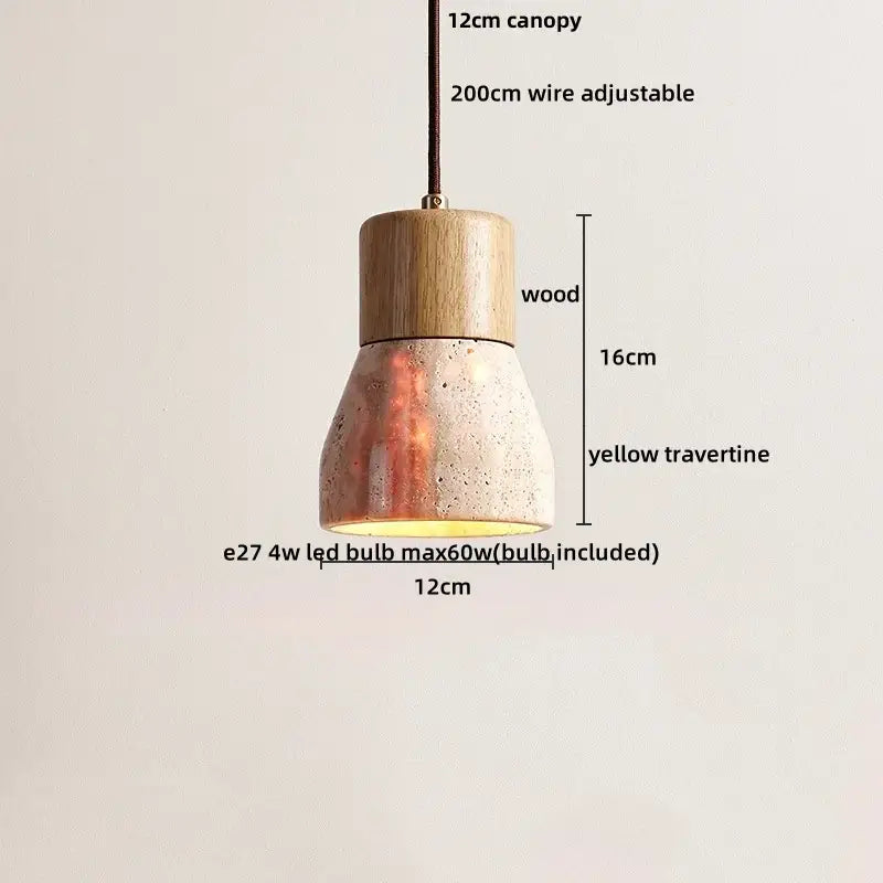 A modern pendant light with wooden canopy and textured yellow travertine shade from DecorBites LED hanging collection