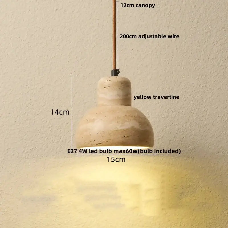 Decorbites led hanging pendant light with a yellow travertine textured shade and adjustable wire suspension