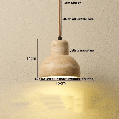 Decorbites led hanging pendant light with a yellow travertine textured shade and adjustable wire suspension