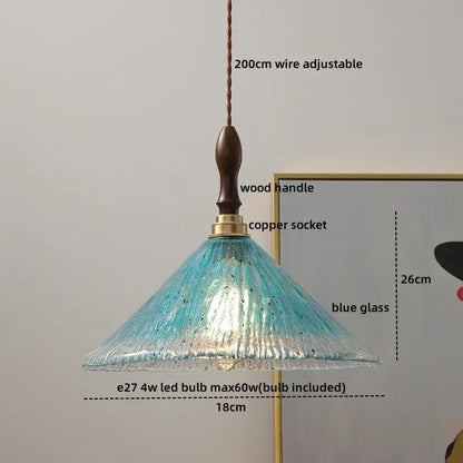 DecorBites led hanging light features a delicate blue textured glass pendant with a dark wood handle for modern spaces
