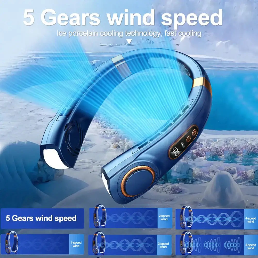 Blue and gold DecorBites™ LED hanging neck fan with ice porcelain technology and colorful atmosphere lights
