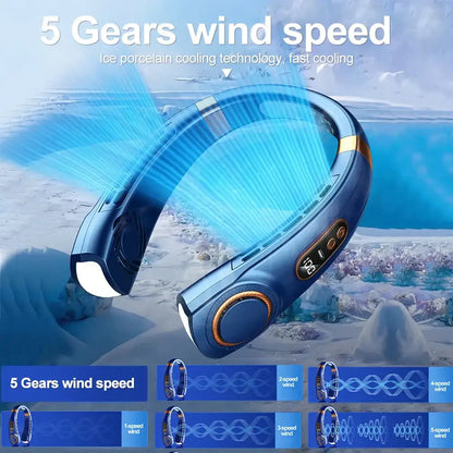 Blue and gold DecorBites™ LED hanging neck fan with ice porcelain technology and colorful atmosphere lights