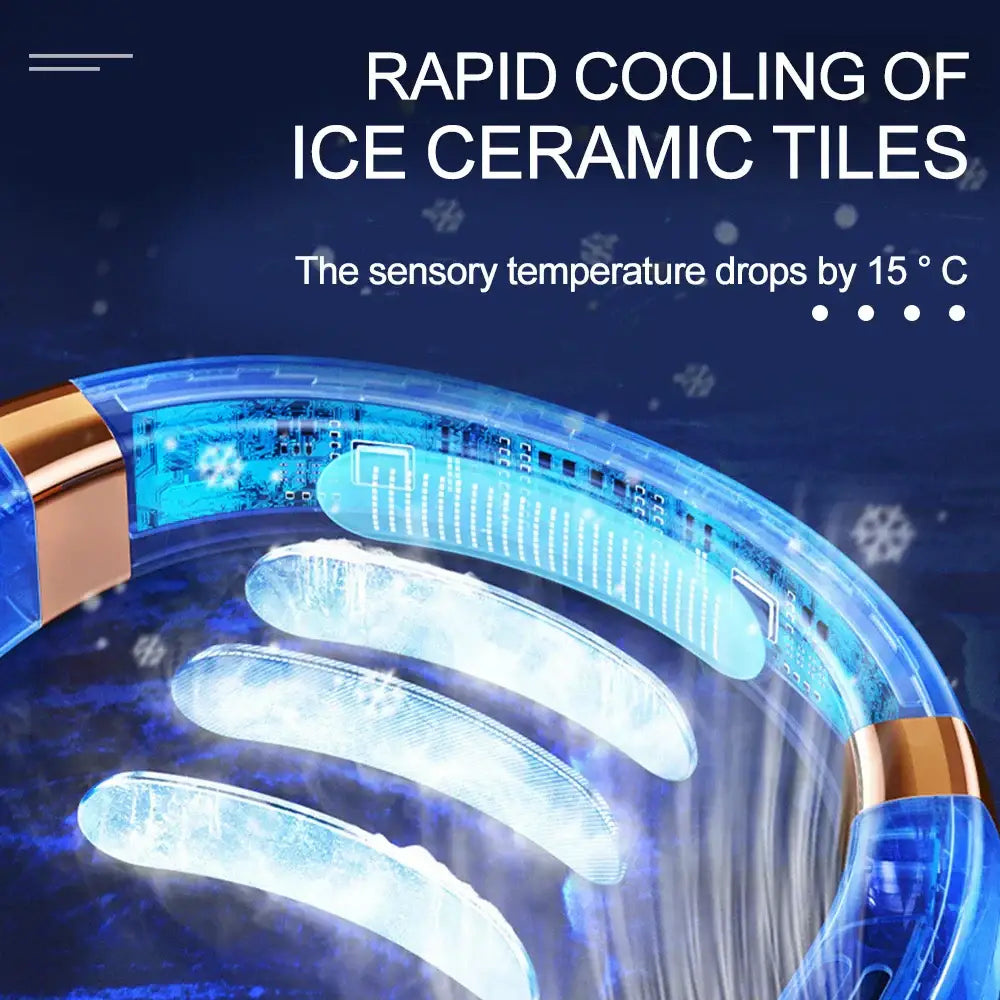 Blue ice ceramic cooling tile with copper ends and embedded circuitry in DecorBites™ LED hanging neck fan with colorful atmosphere lights