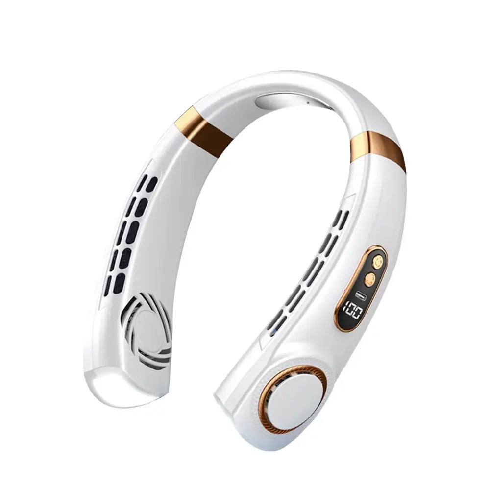 White and gold DecorBites LED hanging neck fan with colorful atmosphere lights and ventilation slits for USB operation