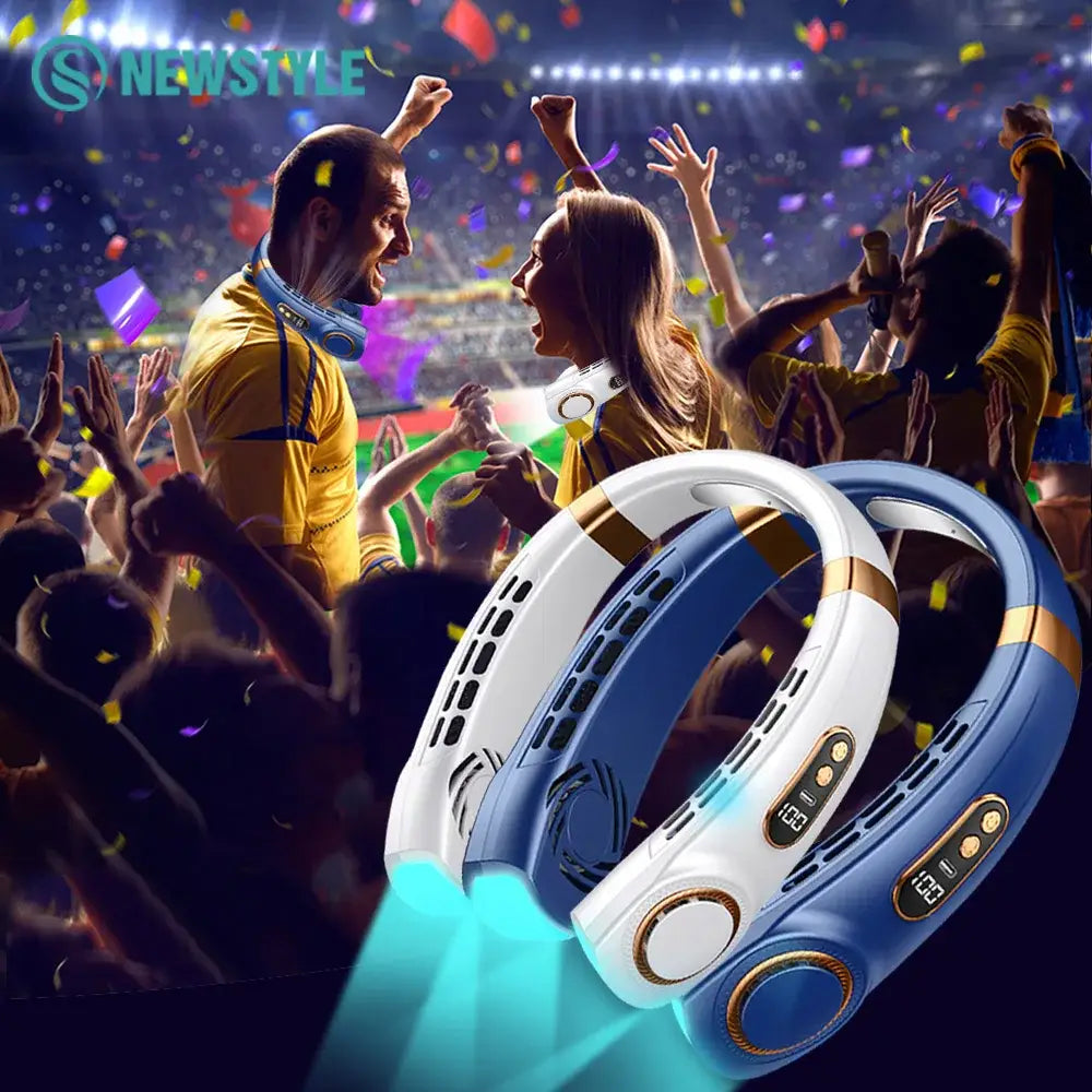 Decorbites™ blue and white neck cooling fan with gold accents features colorful atmosphere lights and usb 5th gear operation
