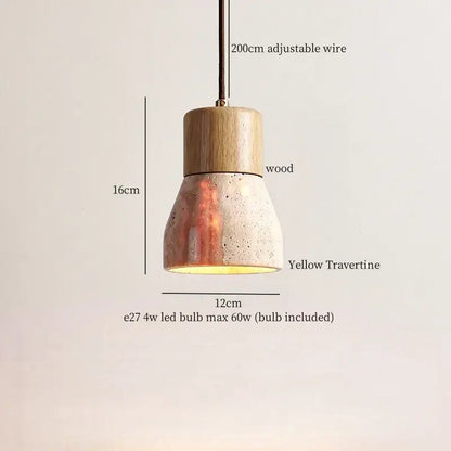 Decorbites led hanging pendant light with a wooden top and textured yellow travertine shade for modern living rooms