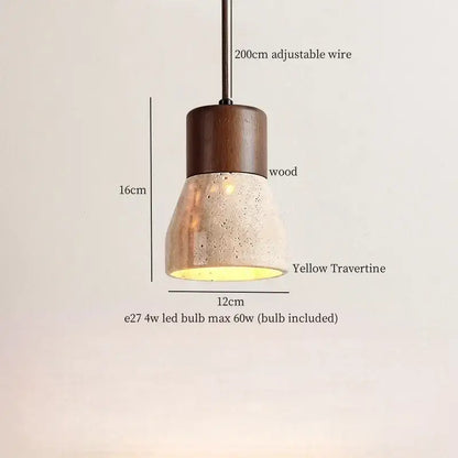Decorbites led hanging mid-century modern pendant light with yellow travertine shade and dark wood top for living room