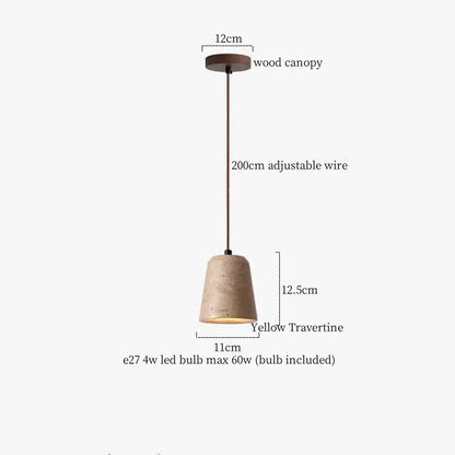 DecorBites led hanging pendant light with a warm yellow travertine cone shade and bronze wire for mid-century modern decor