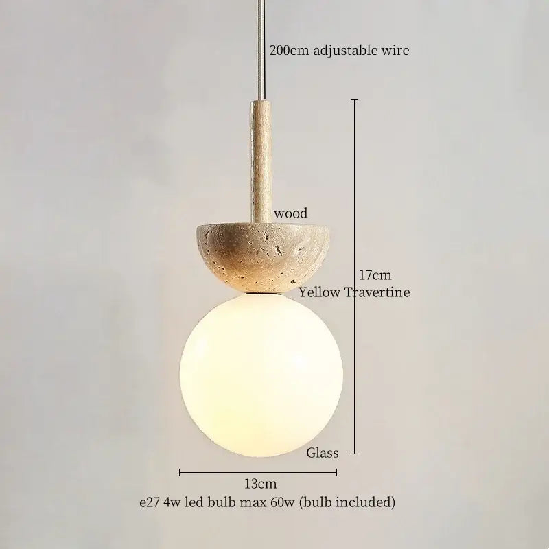 DecorBites led hanging pendant light with warm frosted globe beneath yellow travertine disc and wooden accent