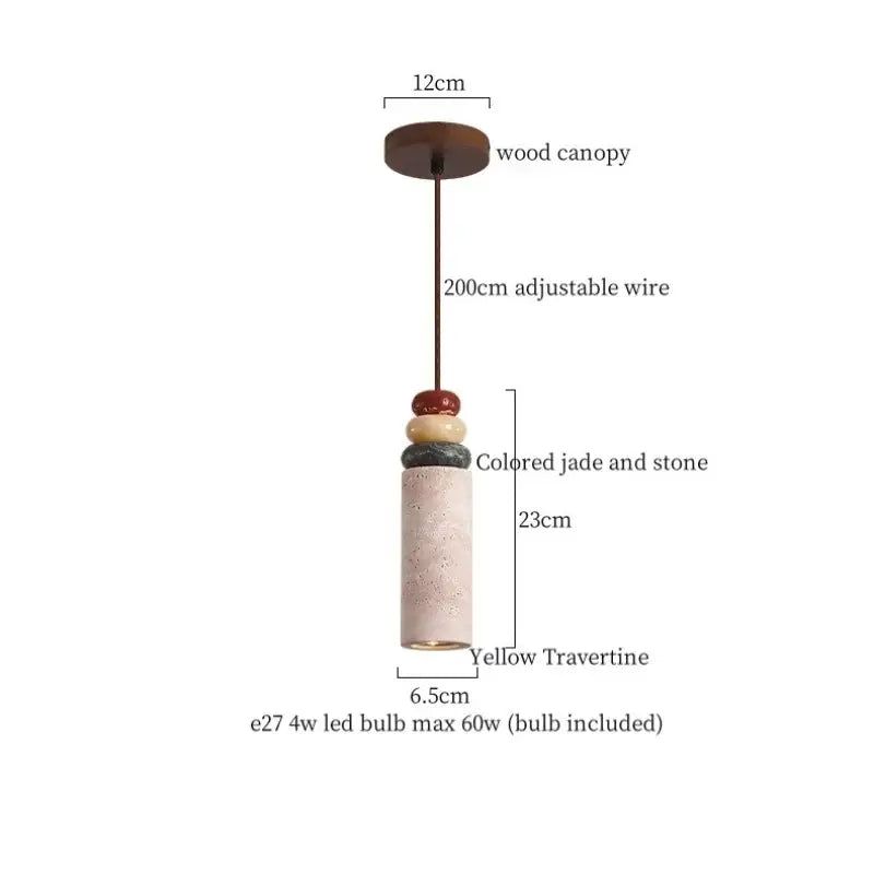 DecorBites™ led hanging yellow travertine pendant light with wood canopy and colored jade beads for living room use