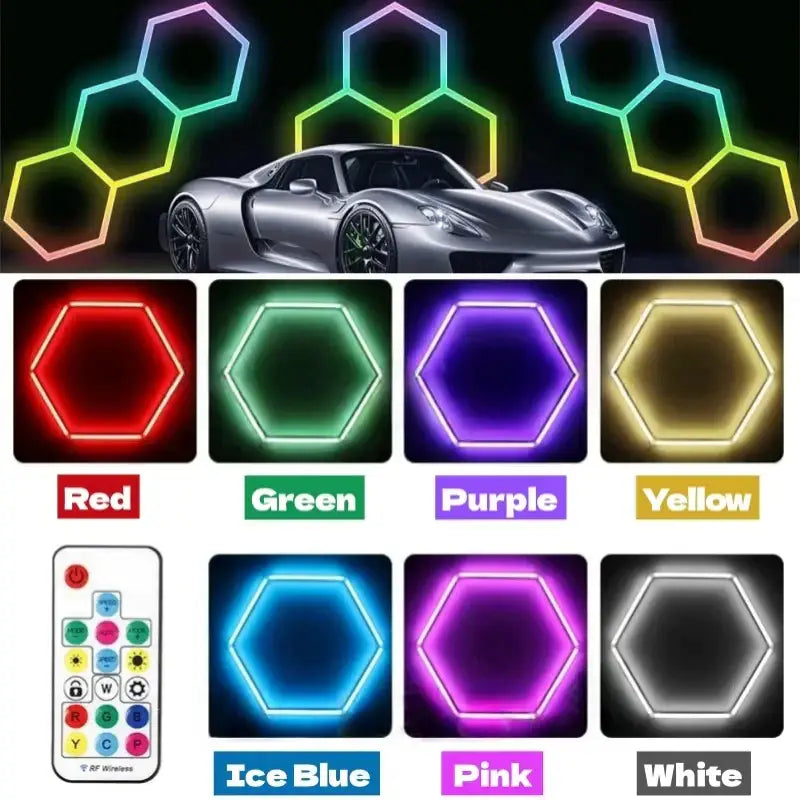 A sleek silver sports car showcased with decorbites led hex glowing hex garage light panels with remote control