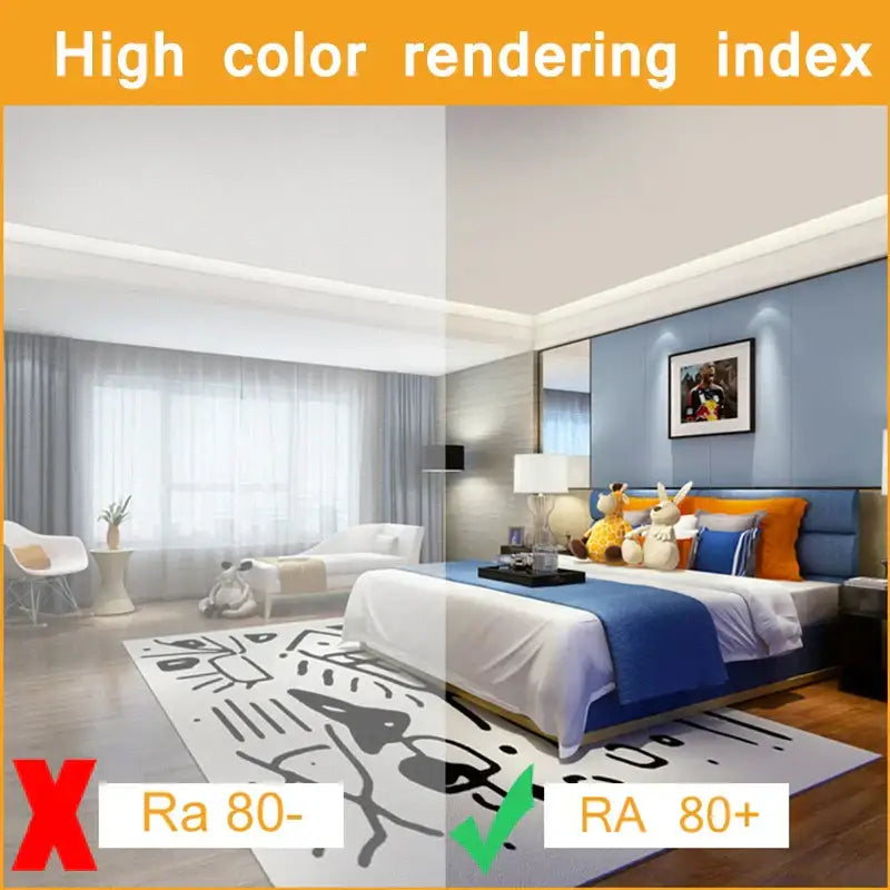 Blue upholstered bed with white bedding and orange pillows illuminated by DecorBites led highlight lamps for home decor