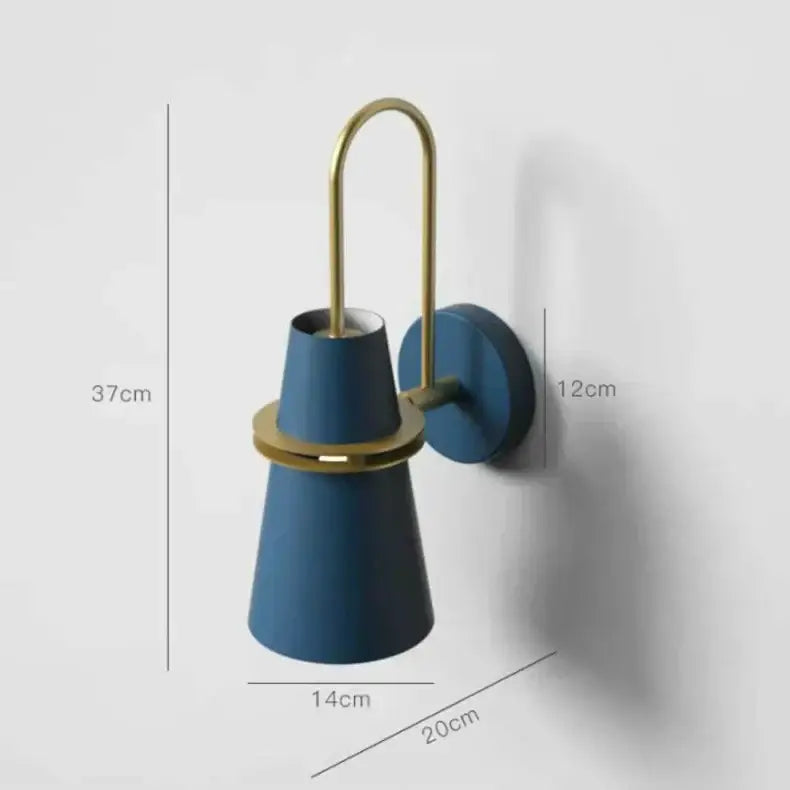 Blue conical wall lamp with gold metal arm and circular plate from decorbites led horn wall modern nordic sconces
