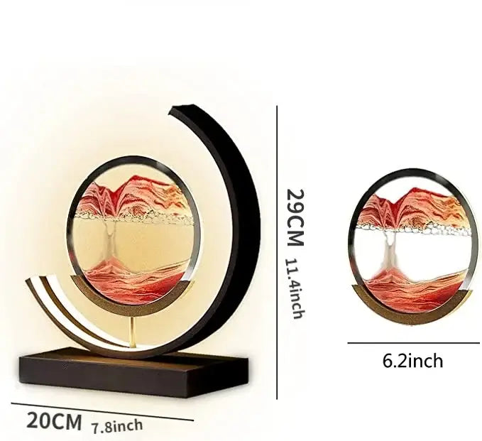 Modern black curved frame decorbites led hourglass quicksand with red gold patterns in glass on dark wood base desk lamp