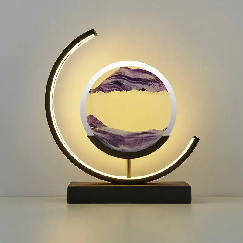 Modern crescent-shaped decorbites led hourglass lamp with glowing frame and layered purple yellow hourglass quicksand design