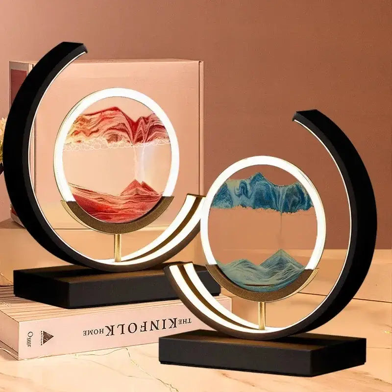 Modern crescent-shaped decorbites led hourglass lamps with glowing led rings and layered red-orange and blue-green landscapes