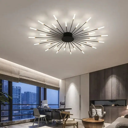 Black starburst ceiling light with multiple slender arms and glowing led bulbs from DecorBites LED indoor ceiling collection