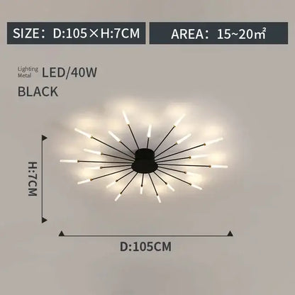 Black metal decorbites led indoor ceiling light with multiple led arms radiating outward for modern bedroom use