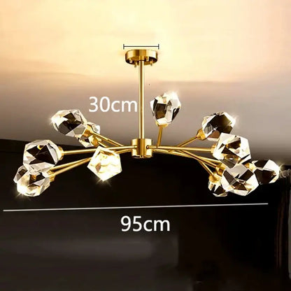 Gold-toned decorbites led indoor chandelier with multiple faceted crystal pendants for living room lighting