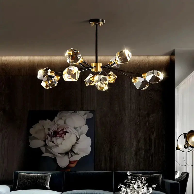 Decorbites led indoor chandelier lighting featuring a gold-toned frame with faceted crystal globes for living spaces