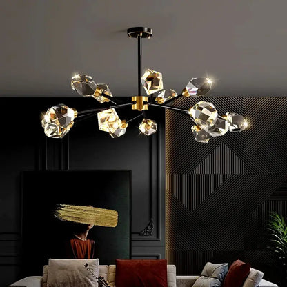 DecorBites led indoor chandelier lighting features black metal arms, gold accents, and faceted crystal glass globes