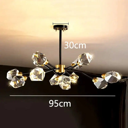 Modern decorbites led indoor chandelier lighting with black rod gold accents and faceted crystal bulbs for living spaces