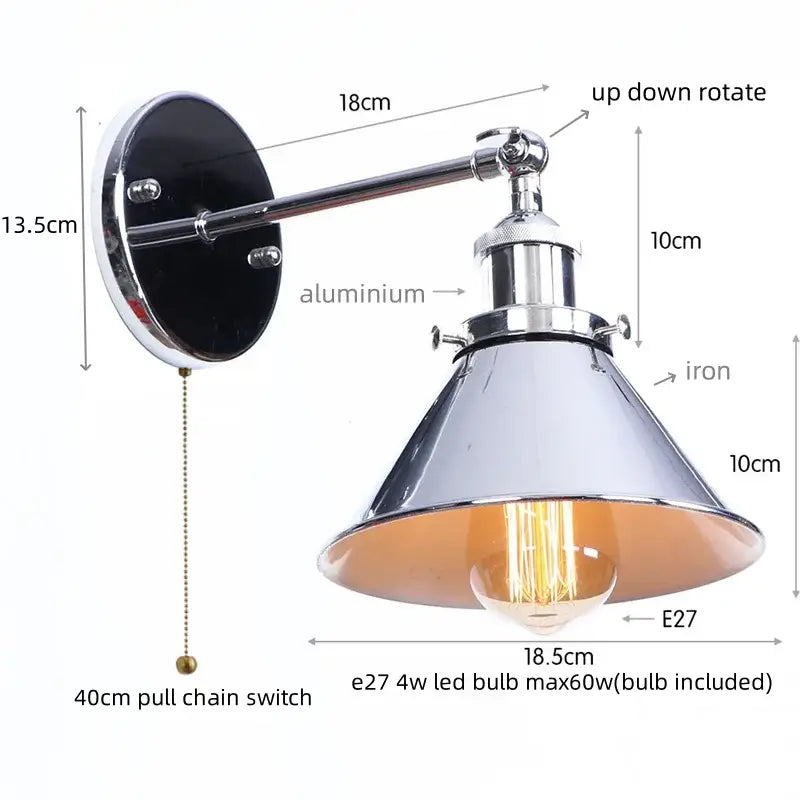 Chrome finished industrial wall lamp with conical iron shade and adjustable aluminum arm decorbites led indoor wall light