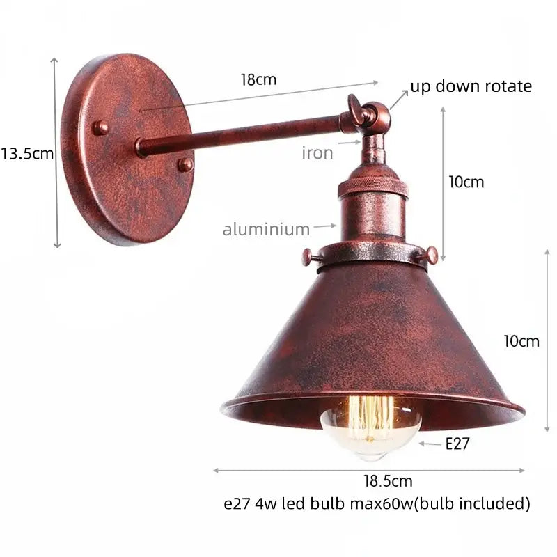 Rustic copper-finished industrial-style decorbites led indoor wall lamp with adjustable conical shade for bathroom and dining room