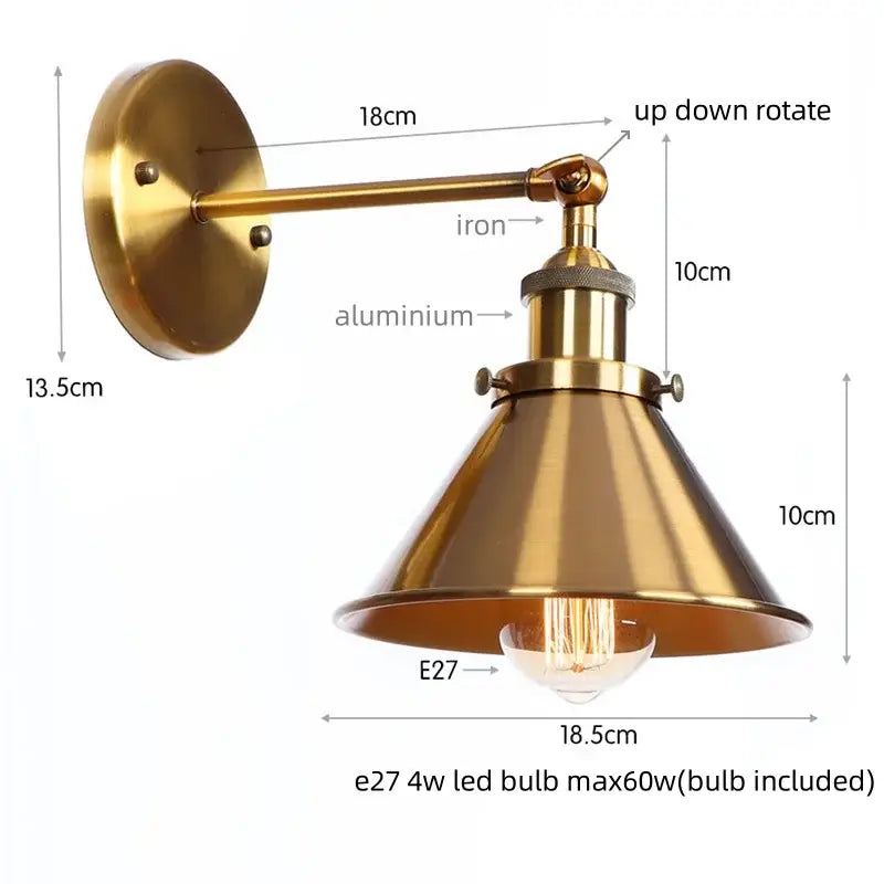 Brass-finished industrial wall lamp with conical shade and adjustable arm decorbites led indoor wall lamp for home decor