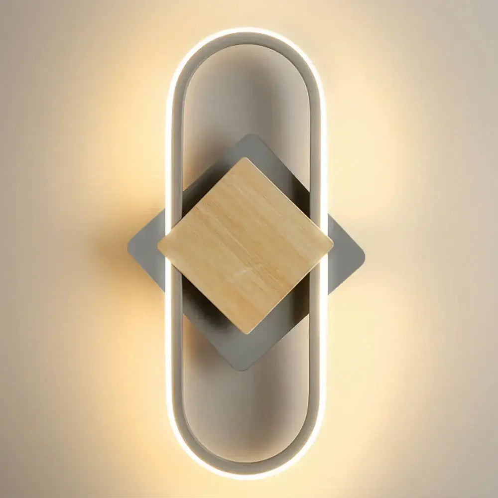 DecorBites LED indoor wall light with sleek white LED ring, gray metal frame, and central square wood accent modern sconce