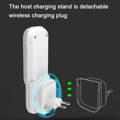 White plastic wireless charging stand with detachable plug for wall or desk use in decorbites led induction night light