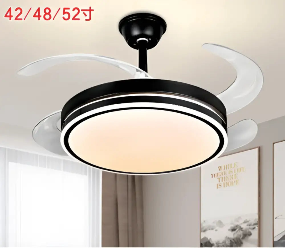 Black and white decorbites led invisible ceiling fan with integrated light and translucent blades for living room and bedroom